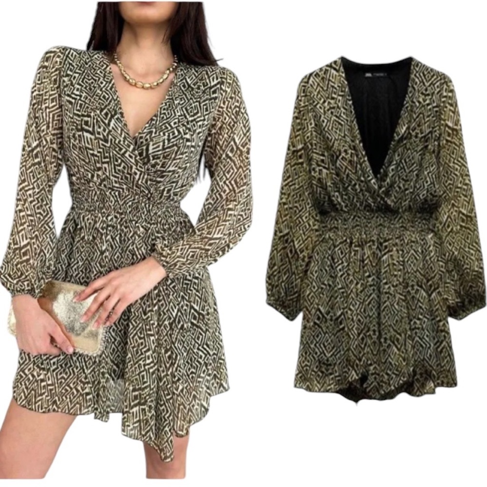 NEW Zara Geometric Printed Wrap Front Smocked Waist Chiffon Mini Dress - S